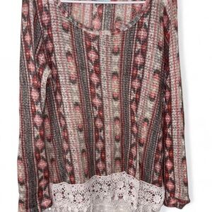 Maurices Red and Gray Patterned Blouse with Lace Hem